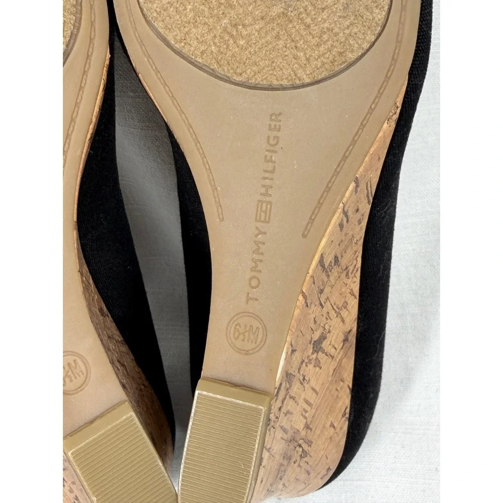 Tommy Hilfiger Canvas Horsebit Cork Wedge Peep Toe Heels Black Brown Sz 6.5 NWOB